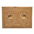 A rectangular Indian Needlework Panel, with gilt threads, the two oval panels with galloping horses ... 