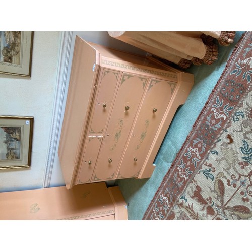 64 - A five piece attractive Suite of painted Bedroom Furniture, comprising a mirror door corner Wardrobe... 