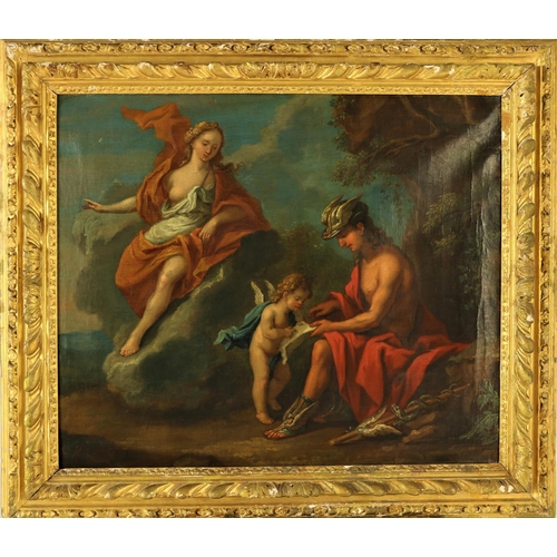 G. de Roose - 18th Century Flemish"Mercury Resting," O.O.C., depicting Mercury talking to a Cherub with another semi-nude Lady, in a romantic landscape,." Signed lower left, approx. 64cms x 74cms (25" x 29") in contemporary gilt frame. (1)