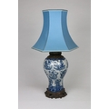 A large Chinese blue and white Crackle Ware Vase Table Lamp, of baluster form with brass mounts and ... 