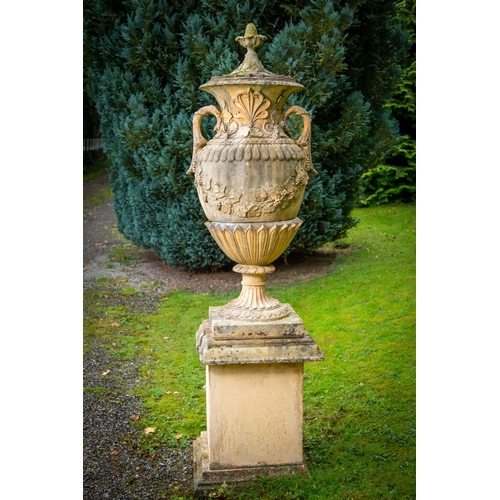 110 - A massive pair of terracotta coloured composition stone Garden Urns, Covers and Plinths, 7' 6'' x 24... 