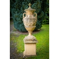 A massive pair of terracotta coloured composition stone Garden Urns, Covers and Plinths, 7' 6'' x 24... 