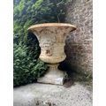 A very fine pair of heavy compana shaped cast iron Garden Urns, each with egg and dart folded rim ab... 