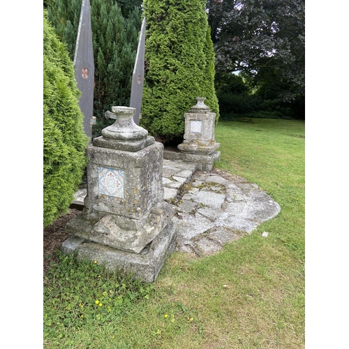 138 - A pair of 19th Century Pugin style sandstone Plinths (both as is) one with urn finial, both with thr... 