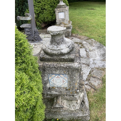 138 - A pair of 19th Century Pugin style sandstone Plinths (both as is) one with urn finial, both with thr... 