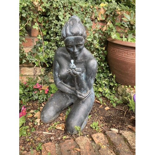 142 - Edith Guillene A very attractive bronze Garden Figure of a nude girl kneeling, holding a small bird ... 