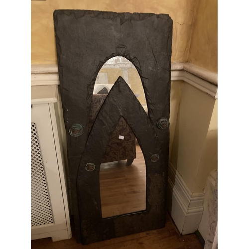 608 - A modern upright Valentia slate Mirror, with Celtic design, together with a smaller Gothic style Mir... 