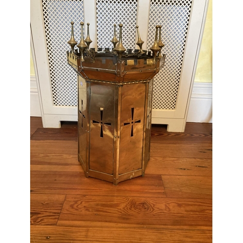 615 - A brass pierced decorated Gothic Revival Hall lantern, multiple finials, 26