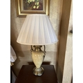 WITHDRAWN..An attractive pair of amphora shaped two handled faux brass and marble Table Lamps, with ... 