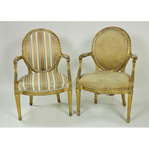 514 - A pair of George III giltwood Open Armchairs, in the manner of John Linnell, each with channelled fr... 