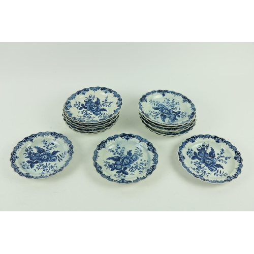 109 - A set of 16 blue and white Dr. Wall period Worcester Plate Dishes, each decorated with flowers and f... 