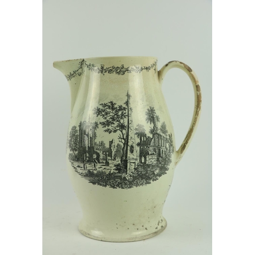 98 - A large 18th Century English creamware transfer printed polychrome Jug, depicting architecture, Capr... 