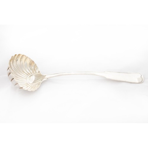 720 - An Irish George III fiddle and thread pattern crested Soup Ladle, by John Power, Dublin 1794, w... 