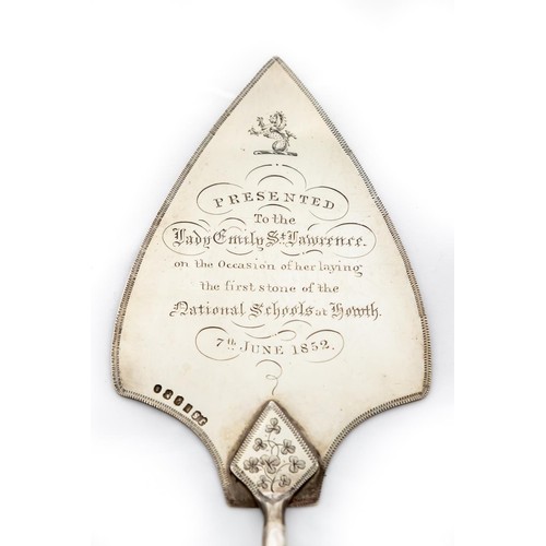 725 - A fine rare Irish Victorian silver Presentation Trowel, by J. Smyth, Dublin 1851, the crested blade ... 