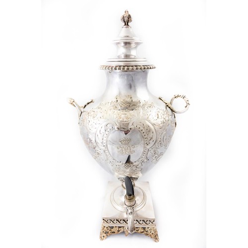 730 - A fine Sheffield silver plated and monogrammed Tea Urn, of vase form, with dome cover, the body prof... 