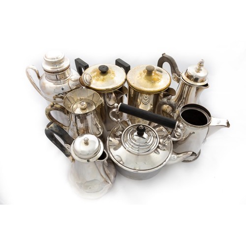 750 - Six assorted silver plated Hot Water Pots, a small silver plated Kettle and a plated Cocktail Shaker... 