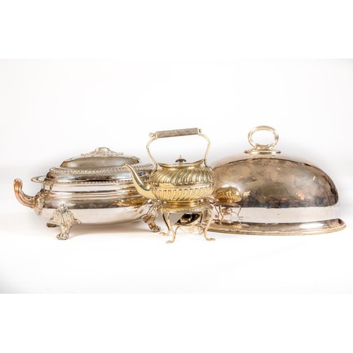 756 - A large oval silver plated and ogee shaped Soup Tureen and Cover, with two reeded handles on four le... 