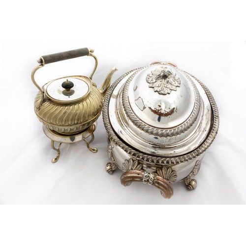 756 - A large oval silver plated and ogee shaped Soup Tureen and Cover, with two reeded handles on four le... 