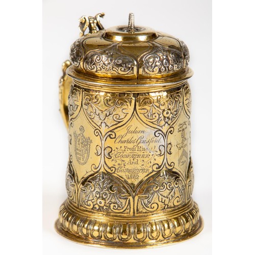 784 - A rare German silver gilt Tankard, engraved, probably Augsburg, early 17th Century, control mark 12.... 