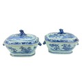 A pair of Chinese blue and white Nankin Soup Tureens and Covers, decorated with boats, figures and p... 