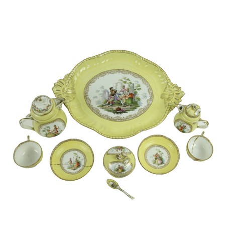 76 - An 8 piece yellow ground Meissen porcelain Cabaret Set, 19th Century, comprising a large oval Tray d... 