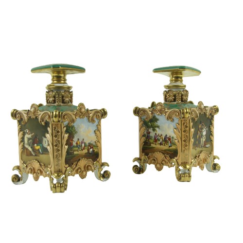 77 - A fine pair of decorative Jacob petit French polychrome porcelain Flasks and stoppers, each of squar... 