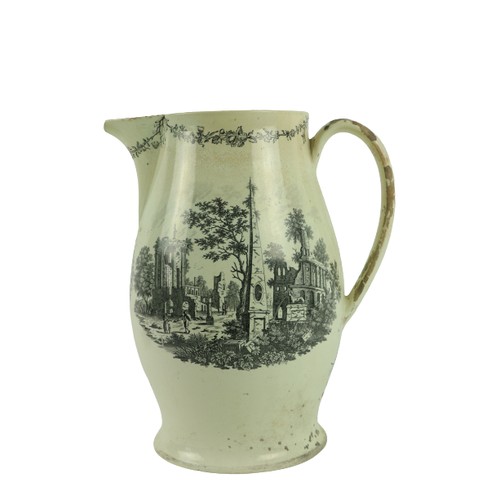 98 - A large 18th Century English creamware transfer printed polychrome Jug, depicting architecture, Capr... 