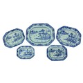 A fine set of 5 rectangular graduating Nankin Chinese porcelain blue and white Meat Platters, decora... 