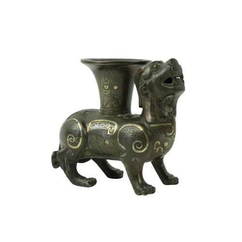 69 - An 18th Century bronze Incense Burner, in the shape of Dog of Foo, with silver and silver gilt inlai... 