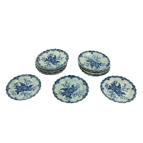 109 - A set of 16 blue and white Dr. Wall period Worcester Plate Dishes, each decorated with flowers and f... 