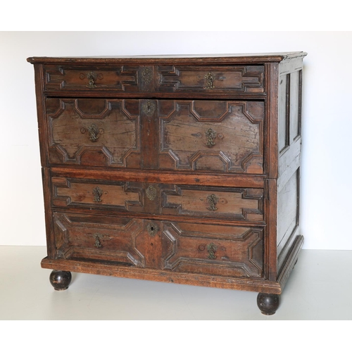 294 - A 17th Century Jacobean type oak Chest of Drawers, in two parts, with four variant drawers and geome... 