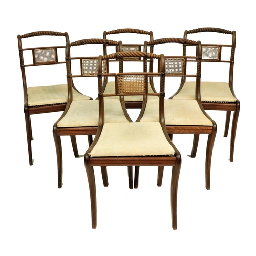 403 - A good set of 6 Regency period inlaid mahogany Bergére Side Chairs, each with rope and bead moulded ... 