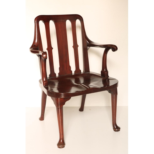 435 - An early 19th Century mahogany Open Armchair, possibly Irish, with slatted back and saddle seat, scr... 