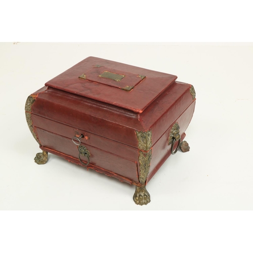 481 - A very unusual Regency period leather bound ladies Sewing Casket, with brass mounts, the hinged top ... 