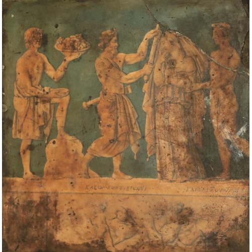 492 - An Ancient Greek Tile, with four classical figures against a green wall standing on a plinth with in... 