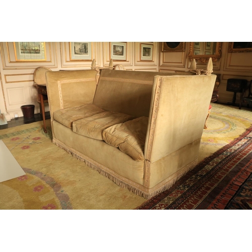 506 - A pair of large Parker Knoll type drop end Settees, each with triple cushion seat covered in beige d... 