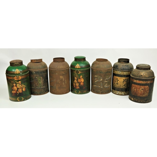 557 - Seven assorted decorated and plain Chinese metal Tea Bins, various sizes and colours, the largest a ... 