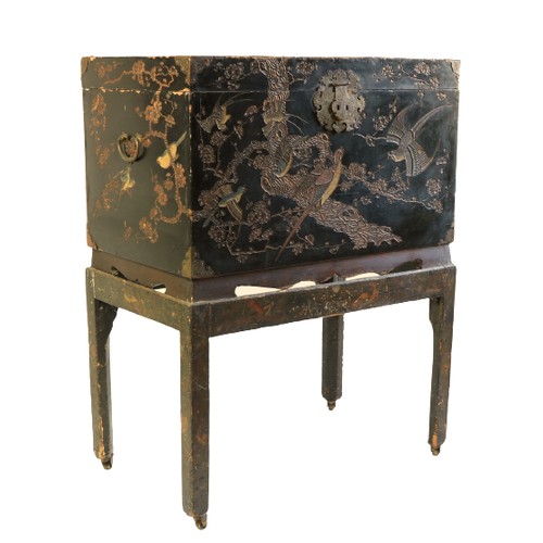 368 -  A quality late 18th Century / early 19th Century Chinese lacquered Box on Stand, the lift top with ... 