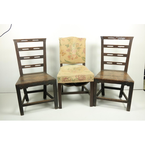 628 - A pair of 18th Century Provincial oak Side Chairs, each with pierced splats and solid on square legs... 