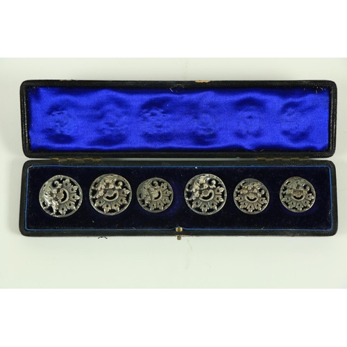 797 - A good set of 6 - 19th Century English silver Buttons, each chased and pierced with flowers and foli... 