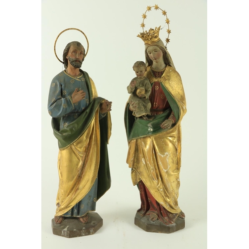 821 - A very good pair of late 18th Century / 19th Century carved polychrome wooden Figures, The Madonna a... 