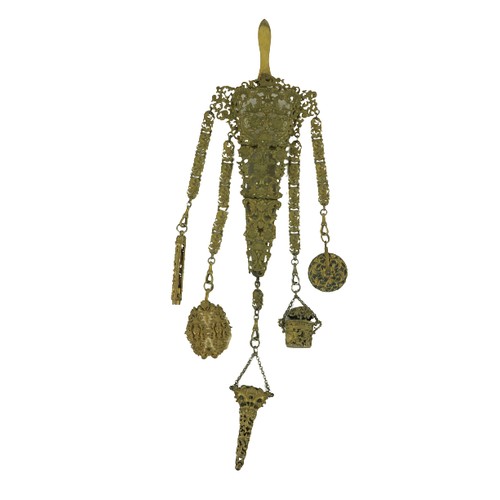 865 - A 19th Century gilt brass Chatelain, with five suspender chains, with pin cushion, a thimble holder,... 