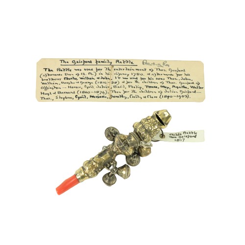 866 - A rare late 18th Century / early 19th Century silver gilt Infant's Rattle, with whistle, bells and c... 