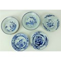 A set of 5 - 18th Century Chinese blue and white Pudding Bowls, each with a female and dog in a boat... 