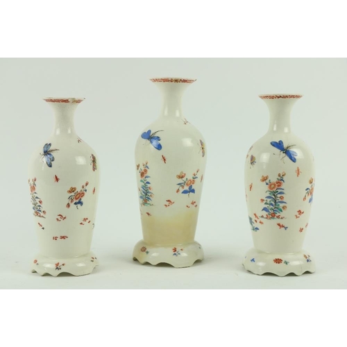 110 - A fine garniture of 3 early Bow Kakiemon Vases, each of oviform with flared necks decorated in the J... 