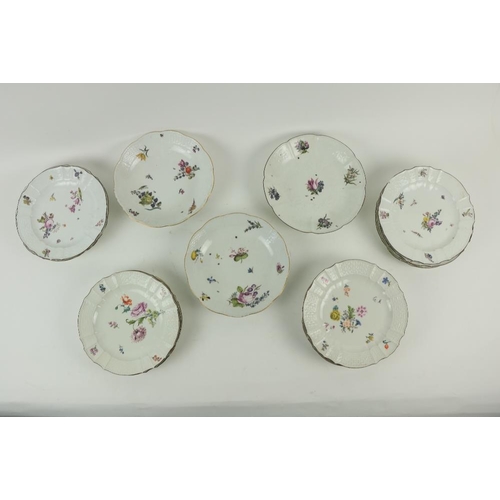 113 - A good set of 12 - 19th Century Meissen porcelain Plates, with lobed basket moulded border and decor... 