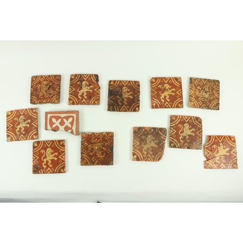 129 - A rare collection of 11 matching Medieval Floor Tiles, each approx. 16cms (6