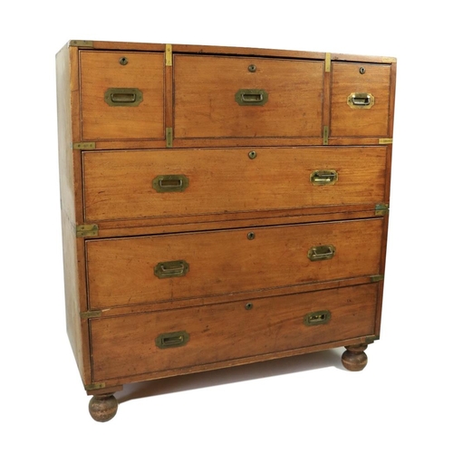 163 - A Victorian brass bound walnut Secretaire Military Chest, the upper middle section with a drop ... 