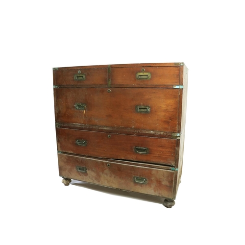 164 - A 19th Century two part brass bound mahogany Military Chest, with three long and two short drawers, ... 