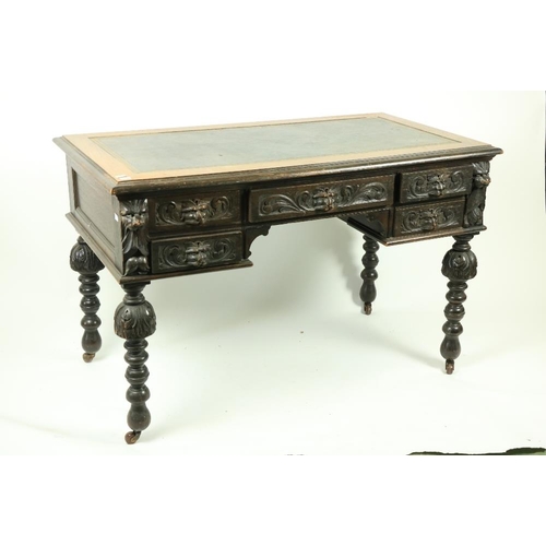 171 - An oak 17th Century style kneehole Desk, profusely carved with scrolling foliage and animal masks on... 